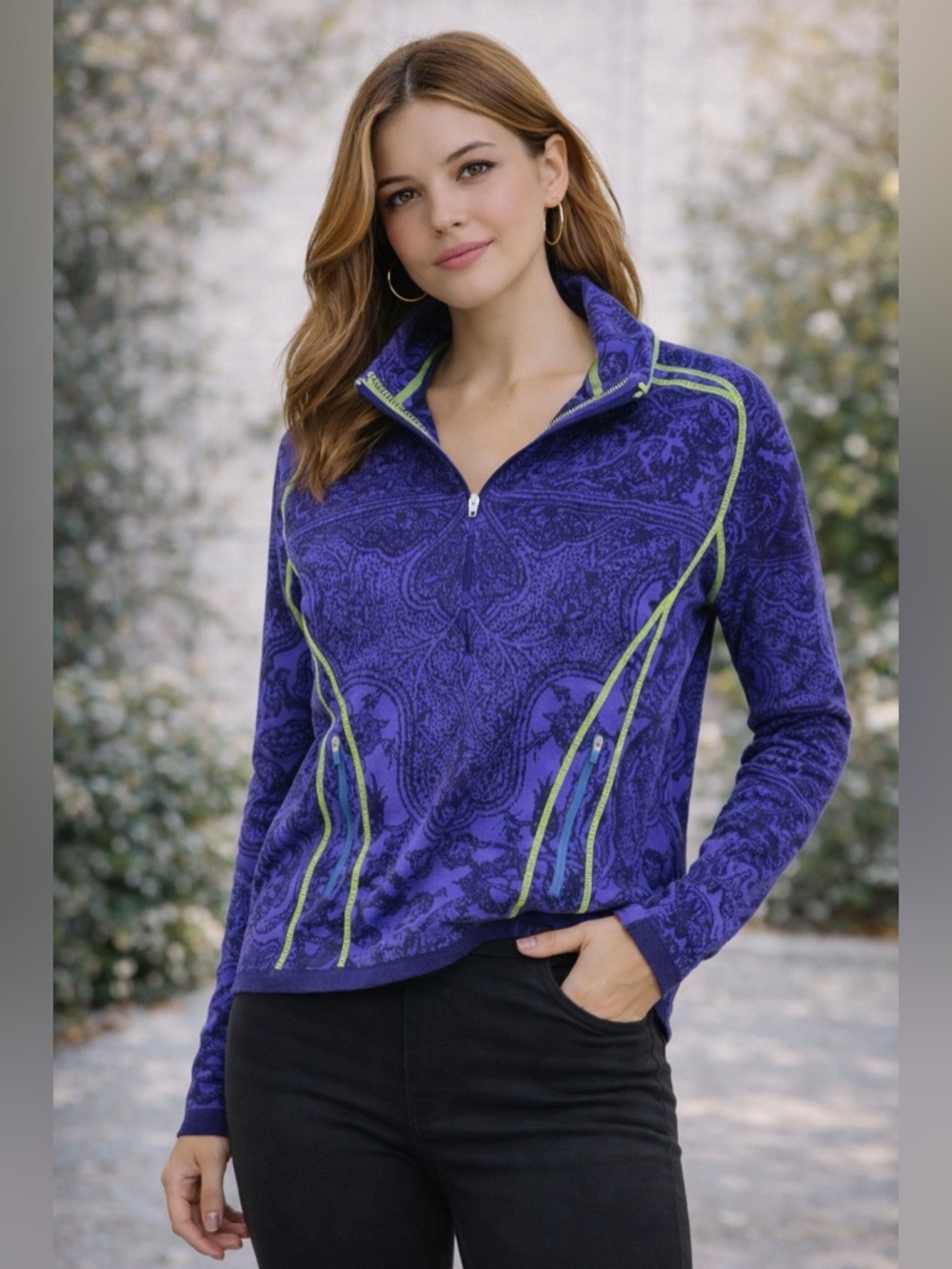 Title Nine Purple Paisley Quarter Zip Pullover Small Athletic Zip Pocket Top
